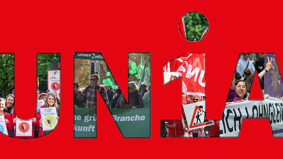 Eine Collage aus dem Wort Unia, bei der die Buchstaben mit Fotos von Demonstrationen und Protestaktionen gefüllt sind – darunter Klimastreiks, Bauarbeiterdemos und ein Transparent gegen Lohngleichheit.
